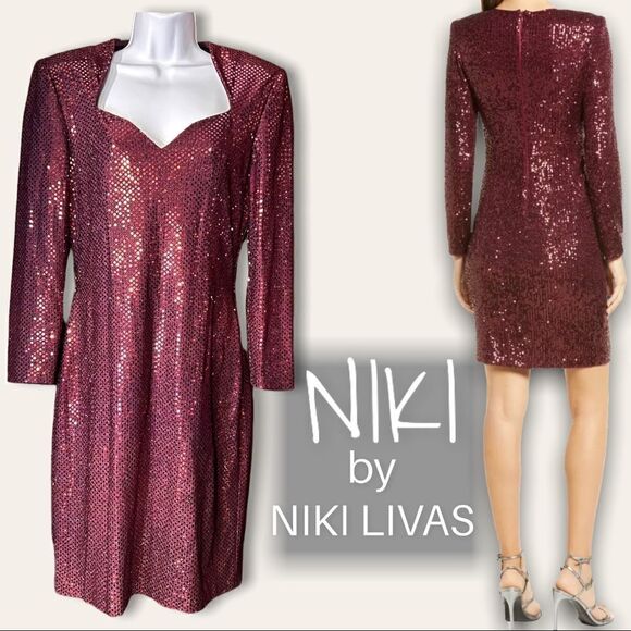 Niki By Niki Livas Burgundy Sequence Evening Dress Long Sleeves Sz 10 USA MADE - Picture 1 of 8